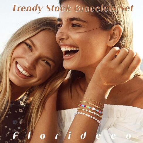 Florideco Gold Beaded Bracelets for Women, Dainty 14K Gold Plated Pearl Bracelet Stack, Non Tarnish Stackable Paperclip Twisted Link Chain Bracelet Trendy Jewelry Gift Pack in Saudi Arabia