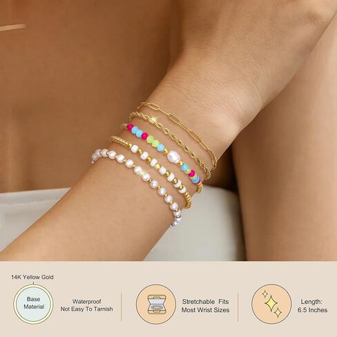 Florideco Gold Beaded Bracelets for Women, Dainty 14K Gold Plated Pearl Bracelet Stack, Non Tarnish Stackable Paperclip Twisted Link Chain Bracelet Trendy Jewelry Gift Pack in Saudi Arabia