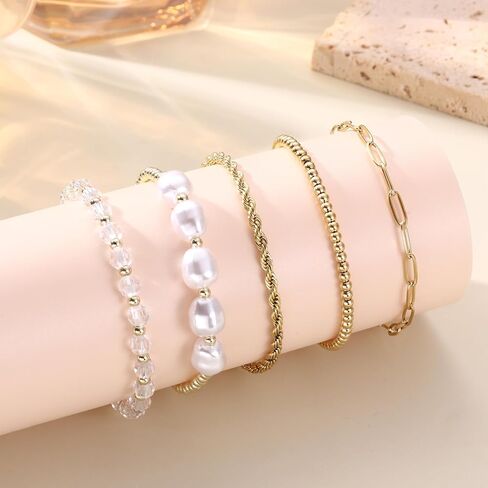Florideco Gold Beaded Bracelets for Women, Dainty 14K Gold Plated Pearl Bracelet Stack, Non Tarnish Stackable Paperclip Twisted Link Chain Bracelet Trendy Jewelry Gift Pack in Saudi Arabia