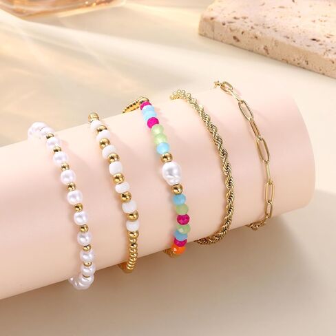 Florideco Gold Beaded Bracelets for Women, Dainty 14K Gold Plated Pearl Bracelet Stack, Non Tarnish Stackable Paperclip Twisted Link Chain Bracelet Trendy Jewelry Gift Pack in Saudi Arabia