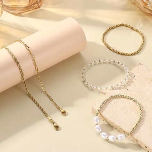 Florideco Gold Beaded Bracelets for Women, Dainty 14K Gold Plated Pearl Bracelet Stack, Non Tarnish Stackable Paperclip Twisted Link Chain Bracelet Trendy Jewelry Gift Pack in Saudi Arabia