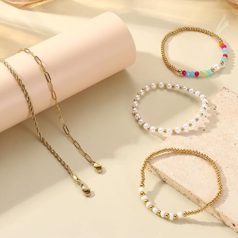 Florideco Gold Beaded Bracelets for Women, Dainty 14K Gold Plated Pearl Bracelet Stack, Non Tarnish Stackable Paperclip Twisted Link Chain Bracelet Trendy Jewelry Gift Pack in Saudi Arabia