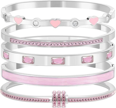 5-Piece Stackable Bangle Bracelet Set for Women - Stainless Steel with Pink Crystal Friendship & Love Heart Bracelet Jewelry Gift for Her in Kuwait