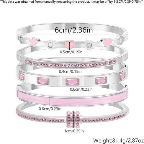 5-Piece Stackable Bangle Bracelet Set for Women - Stainless Steel with Pink Crystal Friendship & Love Heart Bracelet Jewelry Gift for Her in Kuwait