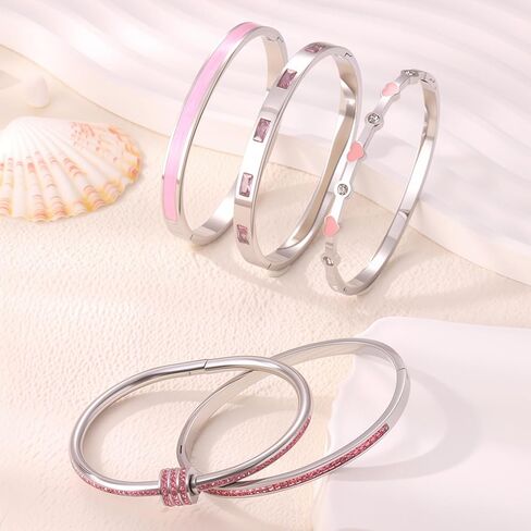 5-Piece Stackable Bangle Bracelet Set for Women - Stainless Steel with Pink Crystal Friendship & Love Heart Bracelet Jewelry Gift for Her in Kuwait