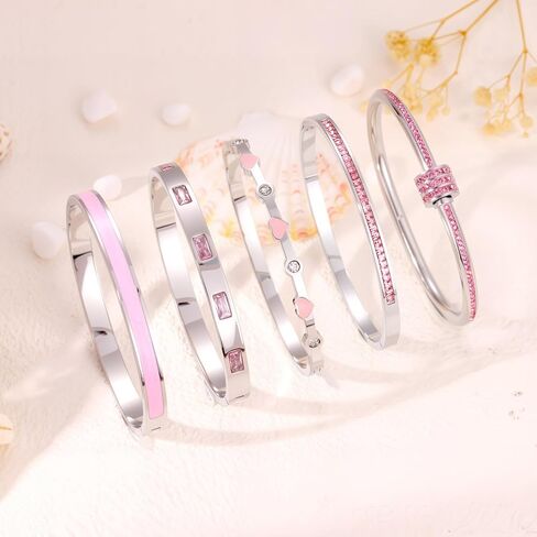 5-Piece Stackable Bangle Bracelet Set for Women - Stainless Steel with Pink Crystal Friendship & Love Heart Bracelet Jewelry Gift for Her in Kuwait