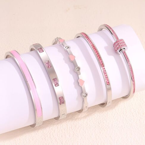 5-Piece Stackable Bangle Bracelet Set for Women - Stainless Steel with Pink Crystal Friendship & Love Heart Bracelet Jewelry Gift for Her in Kuwait