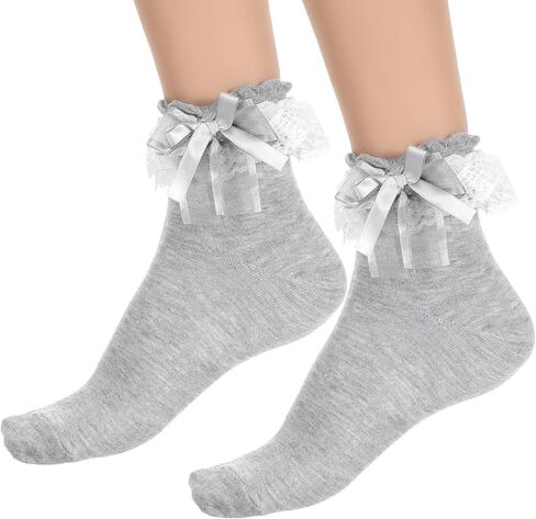 1 Pair Grey Ruffle Frilly Socks Women, Lace Socks for Women Ankle Ruffle, Lolita Vintage Style, Soft Polyester, Comfortable and Breathable for All Seasons in Saudi Arabia