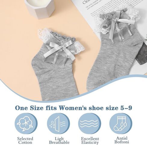1 Pair Grey Ruffle Frilly Socks Women, Lace Socks for Women Ankle Ruffle, Lolita Vintage Style, Soft Polyester, Comfortable and Breathable for All Seasons in Saudi Arabia