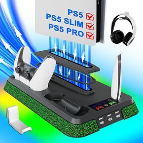 محطة التبريد PS5/PS5 Pro للحصول على وحدة التحكم PS5 ، حامل PS5/Slim مع إضاءة RGB ، شاحن وحدة تحكم PS5 لـ PlayStation 5 Cooling Station ، PS5/PS5 Slim Exclseory مع حامل PS5 العمودي （تم ترقيته） in Kuwait