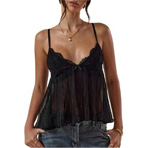 SOLY HUX Women's Summer Lace Cami Tops Deep V Neck Spaghetti Strap Sheer Peplum Camisole Top in Kuwait