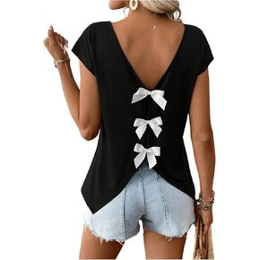 Women's Bowknot Backless Tops V Neck Short Cap Sleeve Elegant T Shirt Trendy Summer Tops in Kuwait