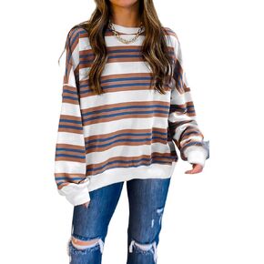 Ocstrade Womens Pullover Sweatshirts Khaki Stripe Crew Neck Drop Coutgle Sweatshirt in Kuwait