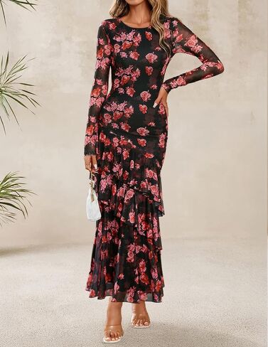 Zesica نساء الزهور Bodycon Maxi فساتين 2025 Fall Boho الأكمام الطويلة الشبك in Saudi Arabia