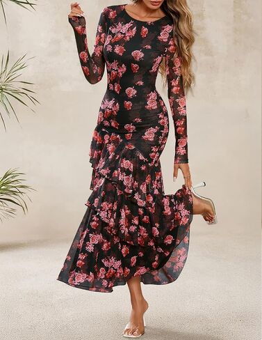 Zesica نساء الزهور Bodycon Maxi فساتين 2025 Fall Boho الأكمام الطويلة الشبك in Saudi Arabia