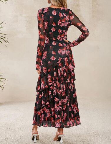 Zesica نساء الزهور Bodycon Maxi فساتين 2025 Fall Boho الأكمام الطويلة الشبك in Saudi Arabia