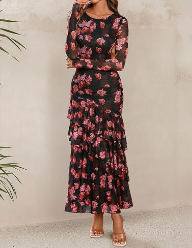 Zesica نساء الزهور Bodycon Maxi فساتين 2025 Fall Boho الأكمام الطويلة الشبك in Saudi Arabia