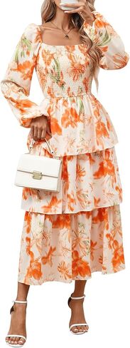 BTFBM Women Floral Maxi Dress Fall Fashion 2025 Boho Long Sleeve Square Neck Smocked Tiered Ruffle Flowy Wedding Dresses in Saudi Arabia