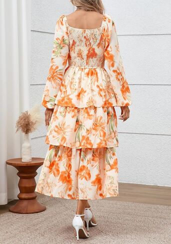 BTFBM Women Floral Maxi Dress Fall Fashion 2025 Boho Long Sleeve Square Neck Smocked Tiered Ruffle Flowy Wedding Dresses in Saudi Arabia
