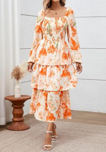 BTFBM Women Floral Maxi Dress Fall Fashion 2025 Boho Long Sleeve Square Neck Smocked Tiered Ruffle Flowy Wedding Dresses in Saudi Arabia