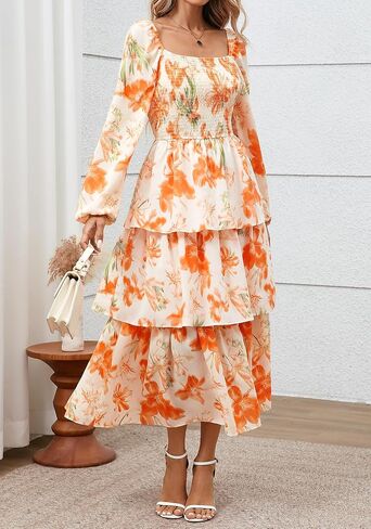 BTFBM Women Floral Maxi Dress Fall Fashion 2025 Boho Long Sleeve Square Neck Smocked Tiered Ruffle Flowy Wedding Dresses in Saudi Arabia