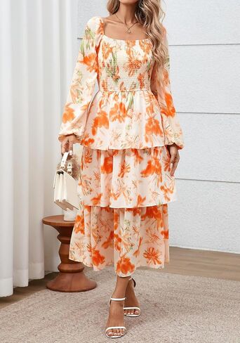 BTFBM Women Floral Maxi Dress Fall Fashion 2025 Boho Long Sleeve Square Neck Smocked Tiered Ruffle Flowy Wedding Dresses in Saudi Arabia