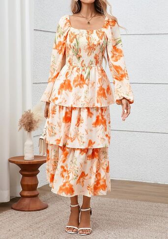 BTFBM Women Floral Maxi Dress Fall Fashion 2025 Boho Long Sleeve Square Neck Smocked Tiered Ruffle Flowy Wedding Dresses in Saudi Arabia