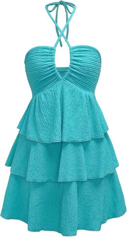 Verdusa Women's Wedding Guest Babydoll Halter Dress Tiered Layered Textured Backless Flowy Short Summer Dress in Saudi Arabia