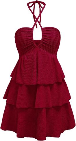 Verdusa Women's Wedding Guest Babydoll Halter Dress Tiered Layered Textured Backless Flowy Short Summer Dress in Saudi Arabia