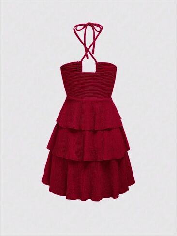 Verdusa Women's Wedding Guest Babydoll Halter Dress Tiered Layered Textured Backless Flowy Short Summer Dress in Saudi Arabia