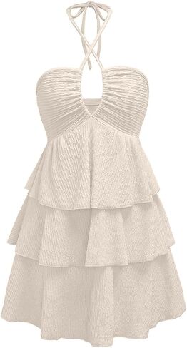 Verdusa Women's Wedding Guest Babydoll Halter Dress Tiered Layered Textured Backless Flowy Short Summer Dress in Saudi Arabia
