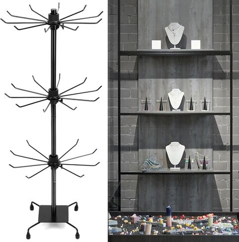 Qwork Rotating Jewelry Display حامل مع خطافات ، 2 حزمة أسود 3 مستويات معدن قابلة للتعديل حاملي القلادة ، الأقراط ، حلقات المفاتيح in Kuwait