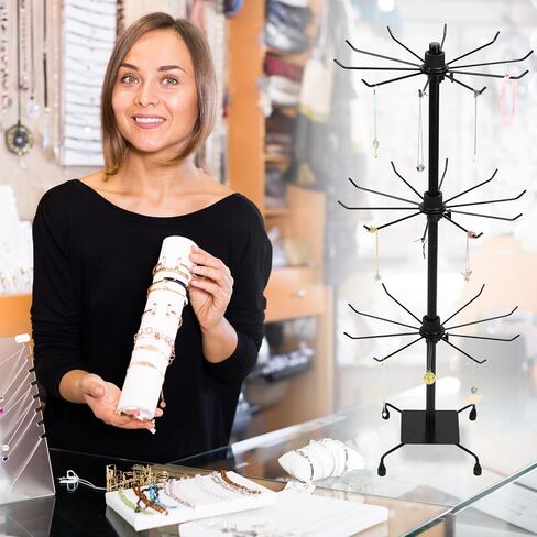 Qwork Rotating Jewelry Display حامل مع خطافات ، 2 حزمة أسود 3 مستويات معدن قابلة للتعديل حاملي القلادة ، الأقراط ، حلقات المفاتيح in Kuwait