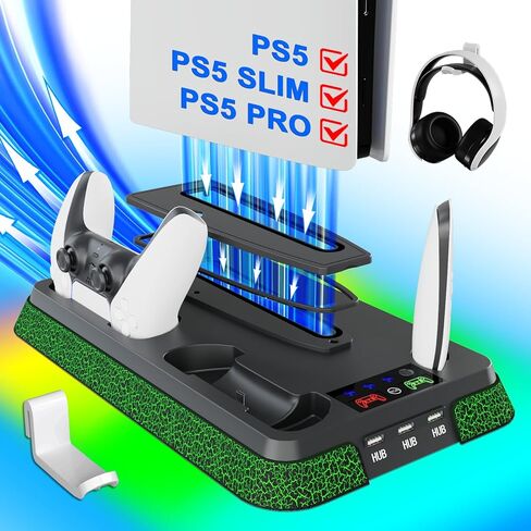 محطة التبريد PS5/PS5 Pro للحصول على وحدة التحكم PS5 ، حامل PS5/Slim مع إضاءة RGB ، شاحن وحدة تحكم PS5 لـ PlayStation 5 Cooling Station ، PS5/PS5 Slim Exclseory مع حامل PS5 العمودي （تم ترقيته） in Kuwait