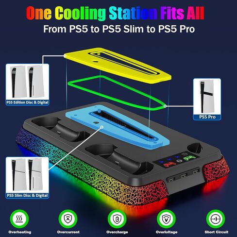 محطة التبريد PS5/PS5 Pro للحصول على وحدة التحكم PS5 ، حامل PS5/Slim مع إضاءة RGB ، شاحن وحدة تحكم PS5 لـ PlayStation 5 Cooling Station ، PS5/PS5 Slim Exclseory مع حامل PS5 العمودي （تم ترقيته） in Kuwait