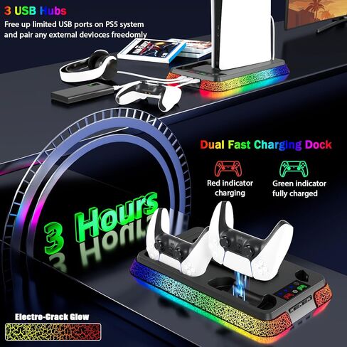 محطة التبريد PS5/PS5 Pro للحصول على وحدة التحكم PS5 ، حامل PS5/Slim مع إضاءة RGB ، شاحن وحدة تحكم PS5 لـ PlayStation 5 Cooling Station ، PS5/PS5 Slim Exclseory مع حامل PS5 العمودي （تم ترقيته） in Kuwait