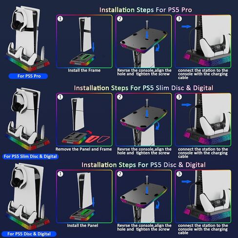 محطة التبريد PS5/PS5 Pro للحصول على وحدة التحكم PS5 ، حامل PS5/Slim مع إضاءة RGB ، شاحن وحدة تحكم PS5 لـ PlayStation 5 Cooling Station ، PS5/PS5 Slim Exclseory مع حامل PS5 العمودي （تم ترقيته） in Kuwait