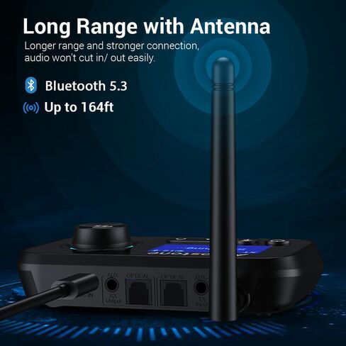Bluetooth 5.3 Transmitter Receiver for 2 Headphones 3-in-1 Audio Adapter with Bypass Low Latency LCD Display ON/OFF Switch Volume Control Optical AUX RCA for Headphone Speaker TV Home Stereo in Saudi Arabia