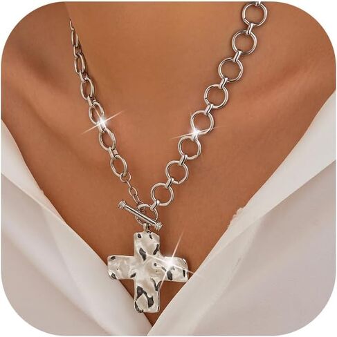 Chunky Cross Necklace for Women,14K Gold Plated Large Cross Pendant Necklace Statement Thick Chain Necklace Vintage Toggle Clasp Necklace Trendy Jewelry in Kuwait