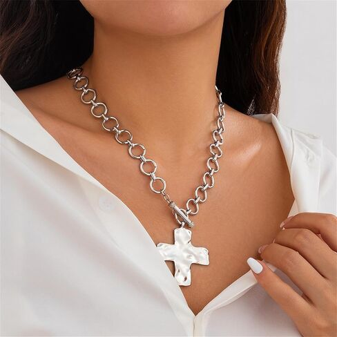Chunky Cross Necklace for Women,14K Gold Plated Large Cross Pendant Necklace Statement Thick Chain Necklace Vintage Toggle Clasp Necklace Trendy Jewelry in Kuwait