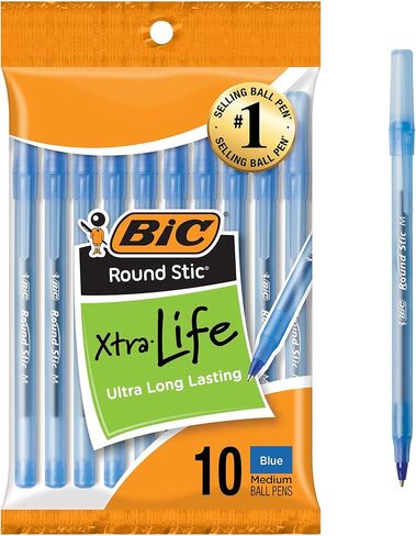 BIC Round STIC XTRA LIFE POINS Black Points ، Medium Point (1.0 مم) ، حزمة من 10 أعداد من الأقلام السائبة ، برميل مستدير مرن لكتابة الراحة ، رقم 1 بيع أقلام نقطة البيع in Saudi Arabia