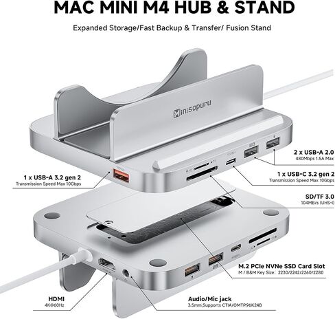Minisopuru iExpandMate MINI218B PRO Mac mini M4 Dock & Stand with M.2 NVMe SSD Enclosure, 10Gbps USB C/A, TF& SD, 2X USB A 2.0, Audio Jack, 8 in 1 Mac mini Hub for Mac mini M4/M4 Pro 2024 in Kuwait