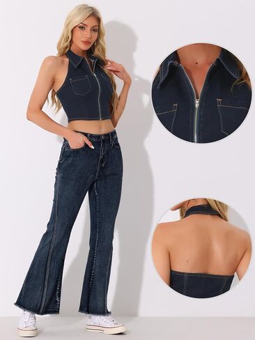 Allegra K Denim Halter Top for Women's Zipper Up Collared Sleeveless Jean Corset Crop Tank Tops in Saudi Arabia