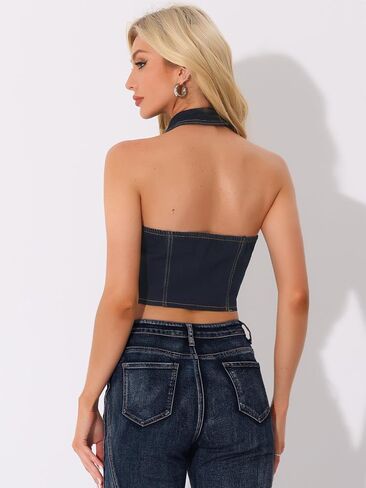 Allegra K Denim Halter Top for Women's Zipper Up Collared Sleeveless Jean Corset Crop Tank Tops in Saudi Arabia