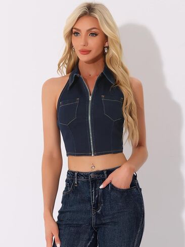 Allegra K Denim Halter Top for Women's Zipper Up Collared Sleeveless Jean Corset Crop Tank Tops in Saudi Arabia
