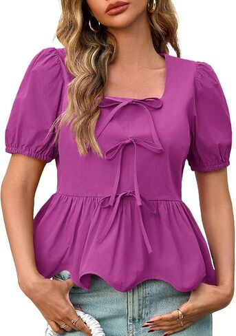 Tankaneo Womens Summer Peplum babydoll Tops Square Neck Short Puff Sleeve Blouses Shuffle Stirts لطيف in Kuwait
