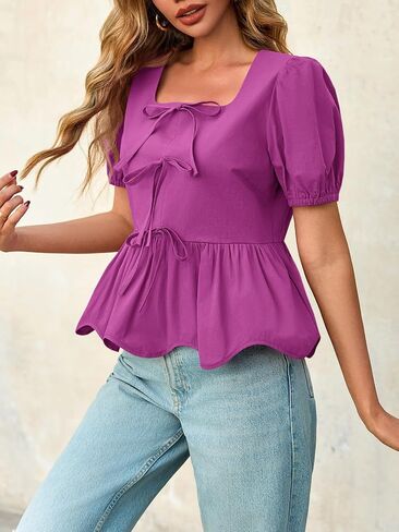 Tankaneo Womens Summer Peplum babydoll Tops Square Neck Short Puff Sleeve Blouses Shuffle Stirts لطيف in Kuwait