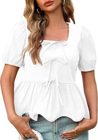 Tankaneo Womens Summer Peplum babydoll Tops Square Neck Short Puff Sleeve Blouses Shuffle Stirts لطيف in Kuwait
