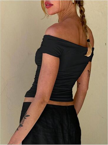 MakeMeChic Women's Off The Shoulder Ruched Short Sleeve Summer Tee Shirt Crop Tops in Saudi Arabia