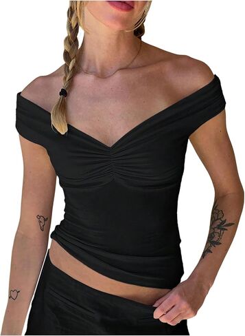 MakeMeChic Women's Off The Shoulder Ruched Short Sleeve Summer Tee Shirt Crop Tops in Saudi Arabia